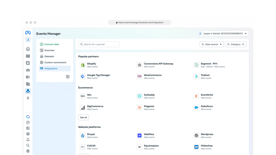 The Events Manager integrations directory, listing Shopify, Google Tag Manager, WooCommerce, Segment and other partners by category