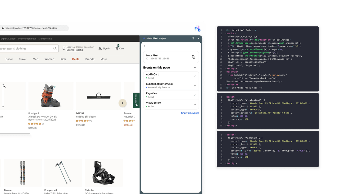 The Meta Pixel Helper extension listing events detected on a storefront, beside the pixel code those events come from