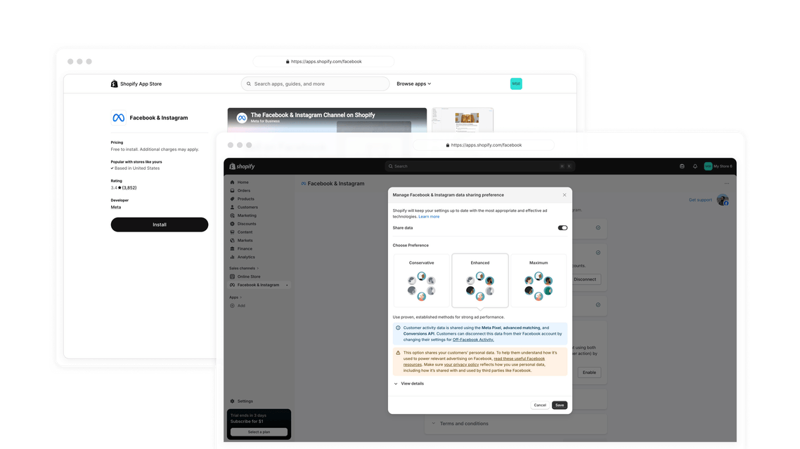 The Facebook and Instagram listing on the Shopify App Store, in front of it the data sharing dialog inside Shopify admin offering Conservative, Enhanced and Maximum with privacy disclosures