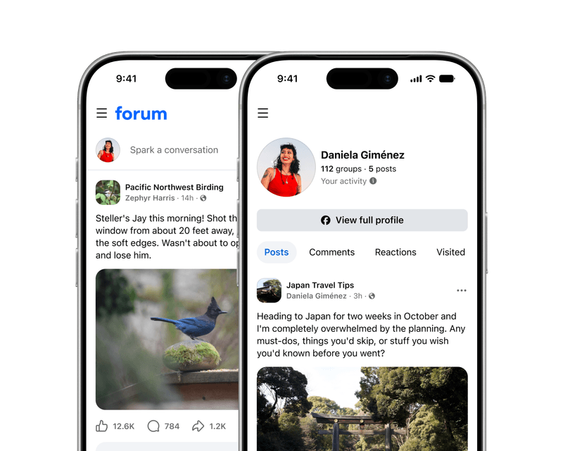 Two iPhones side by side, the Forum feed with a birding group post, and a member's Forum profile with tabs for posts, comments, reactions and visits