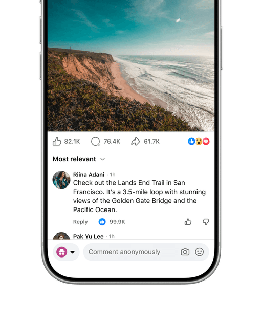 An iPhone showing a coastal photo post with comments below it and a composer reading Comment anonymously