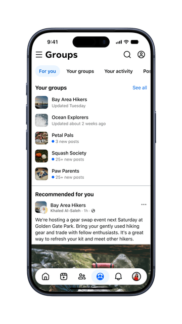 The Groups tab on iPhone, a list of the groups you belong to with what has changed in each, above a recommended post