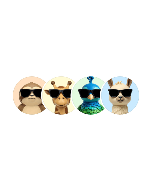 Four round nickname avatars in sunglasses, a sloth, a giraffe, a peacock and a llama