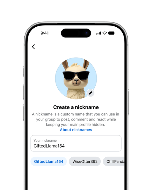 An iPhone showing the Create a nickname screen with a llama avatar, the name GiftedLlama154, and suggested alternatives