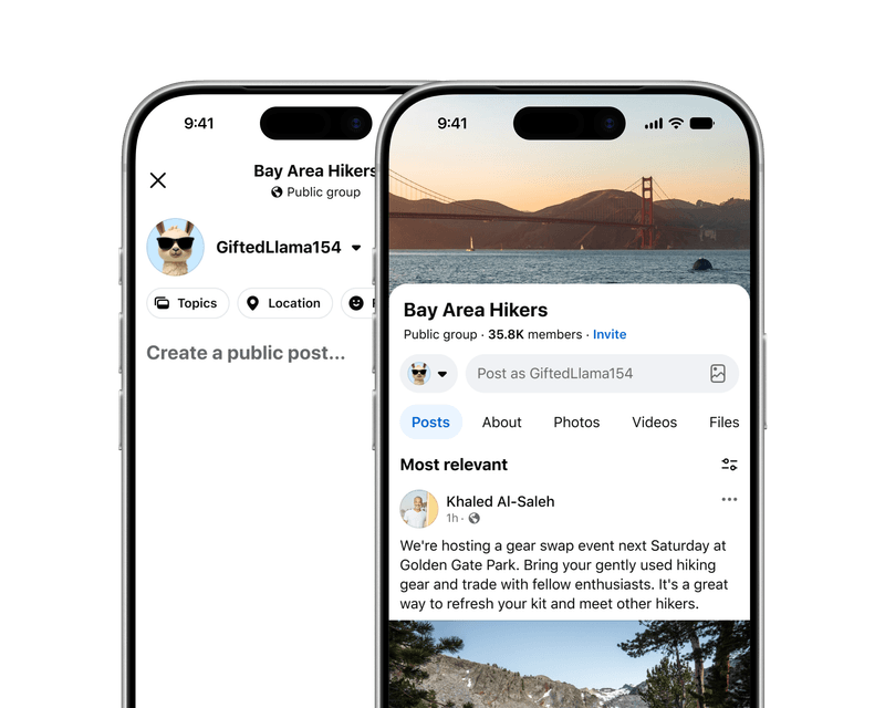 Two iPhones side by side, a public post composer opened as GiftedLlama154 and the group feed it posts into