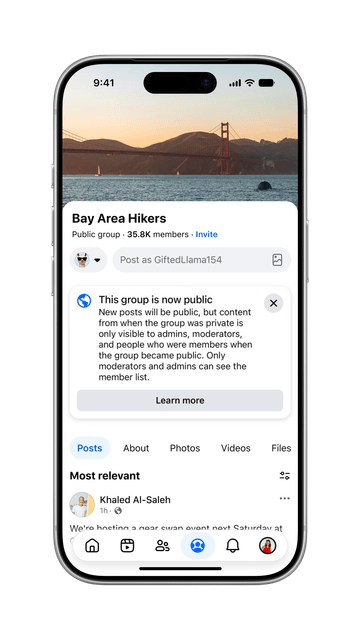 An iPhone showing the Bay Area Hikers group with a notice explaining that the group is now public and older private posts stay restricted