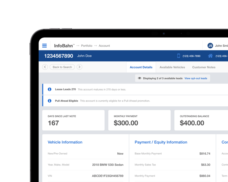 An InfoBahn account page showing lease alerts, monthly payment and balance, beside vehicle, payment and contract details
