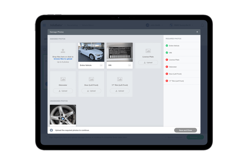 A damage photos dialog pairing uploaded vehicle shots with a checklist of the photos still required