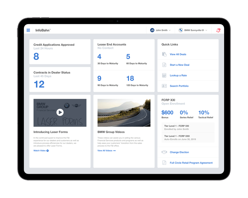 The InfoBahn dashboard with approved credit applications, lease end accounts by days to maturity, quick links and program enrolment
