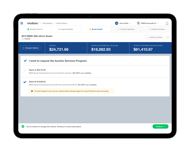 The vehicle return flow at the quote payoff step, comparing three payoff options above the dealer's decision