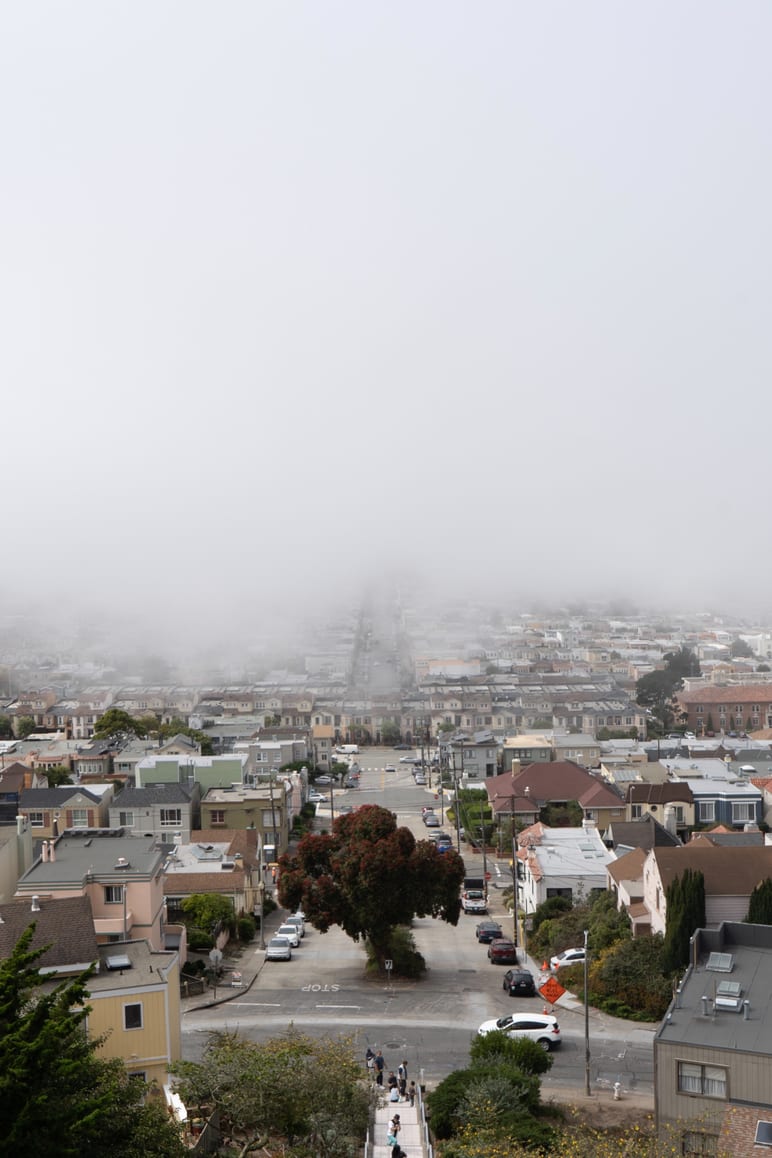 Fog rolling over a hillside neighborhood of rowhouses