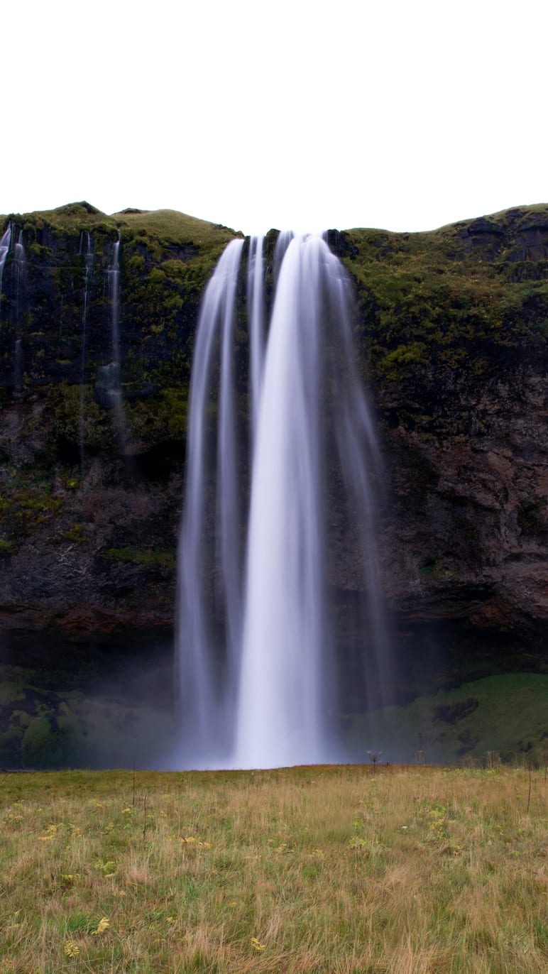 A tall waterfall cascades over a mossy cliff into a grassy field