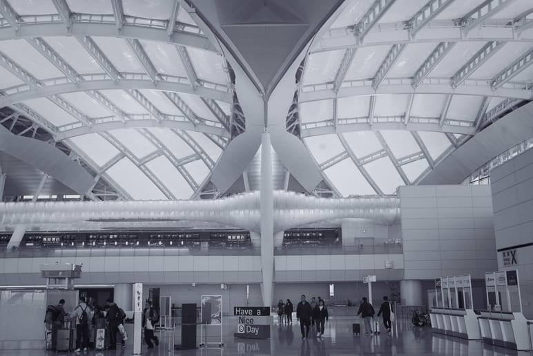 Sweeping glass and steel roof arches curve over a busy terminal concourse, in black and white