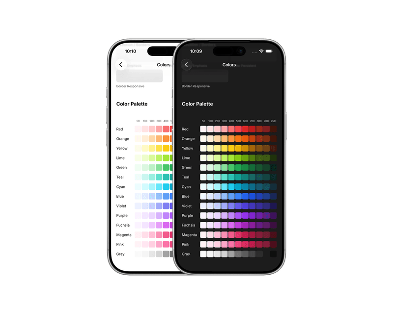 Two iPhones showing Prism's color palette, the same fourteen ramps in light and dark mode