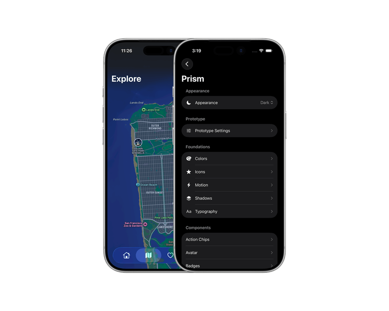 Two iPhones side by side, a full-screen map titled Explore and the Prism component index in dark mode