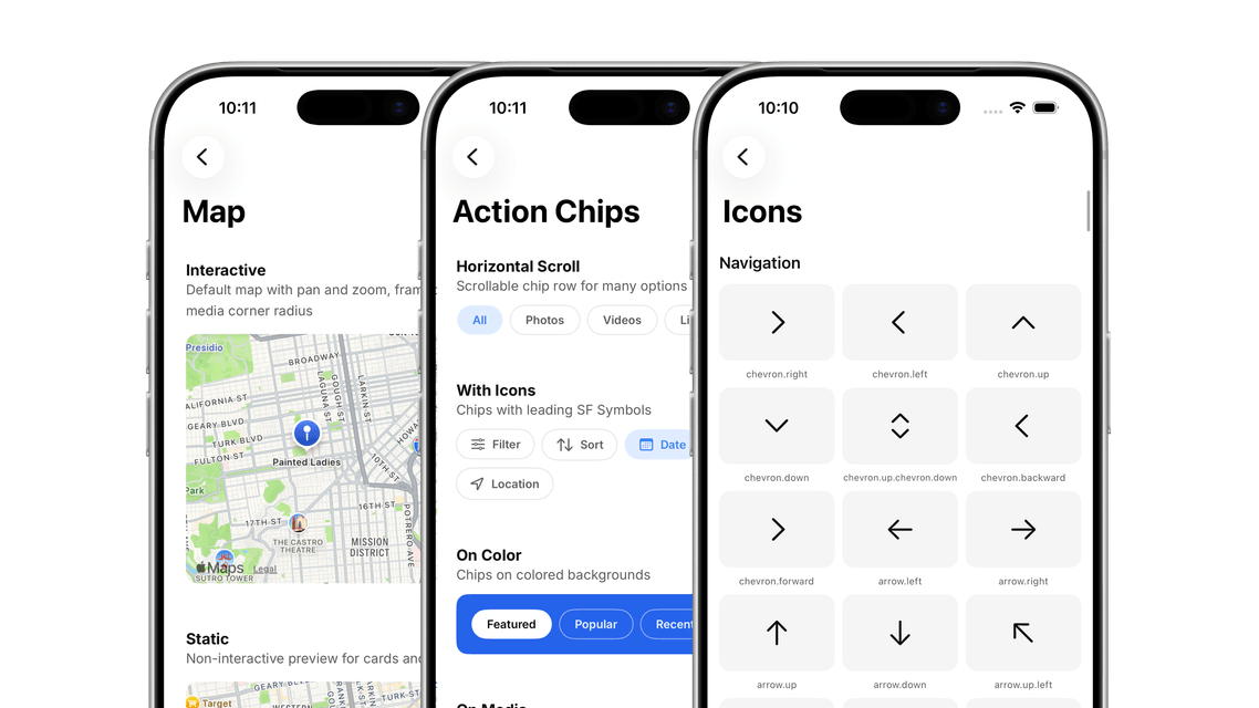 Three iPhones showing Prism's map component, action chips, and icon library