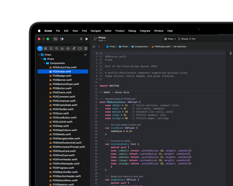 Xcode with PDSAvatar.swift open beside the Prism component list, showing the avatar size scale and its icon, initials and badge rules