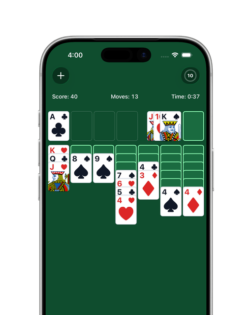 A solitaire game on iPhone, cards dealt across a green table with score, moves and time above